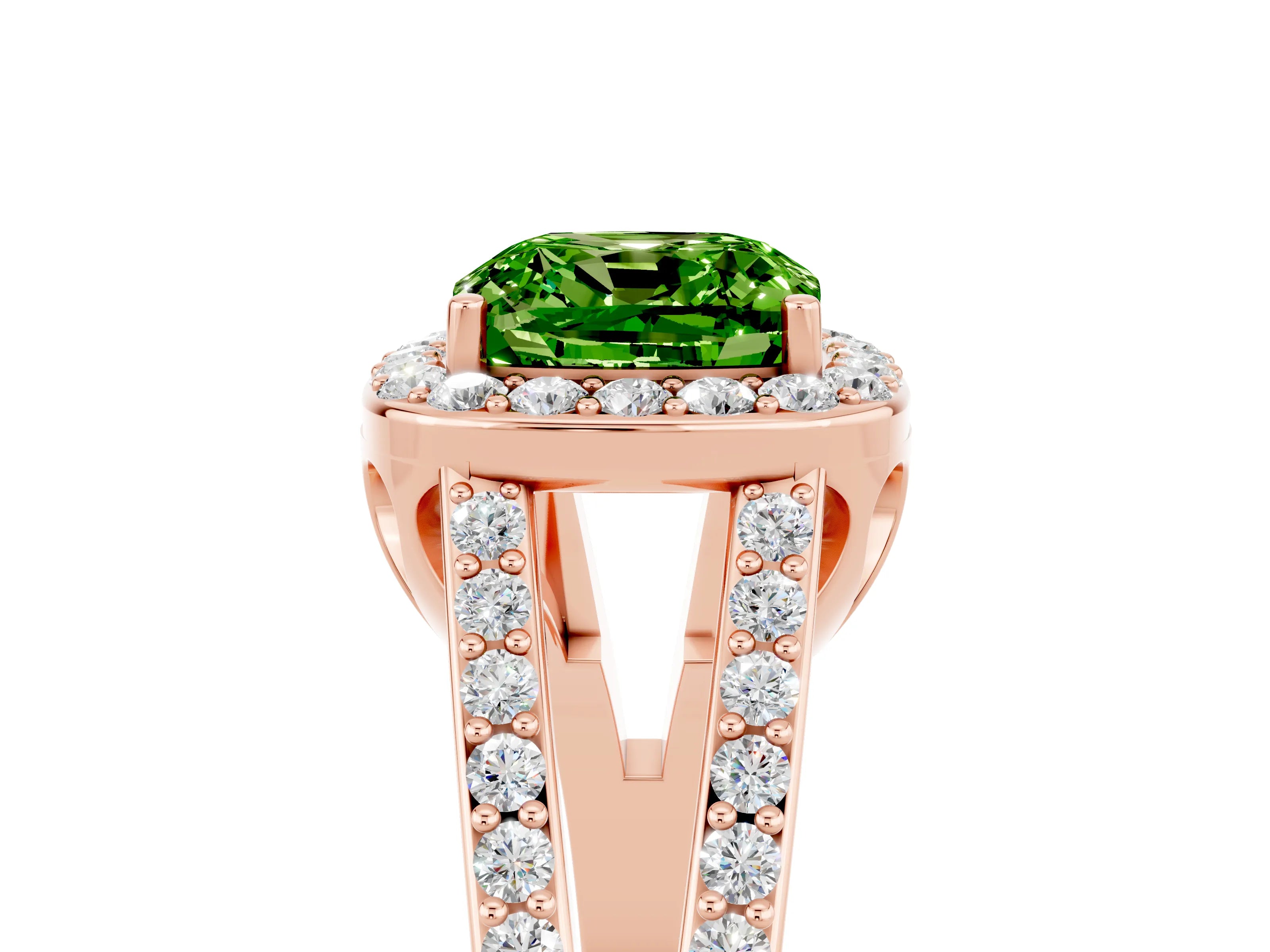 Rose gold Cushion Cut Peridot Halo Ring with Split Shank U-Prong Band and Four-Prong Setting_5
