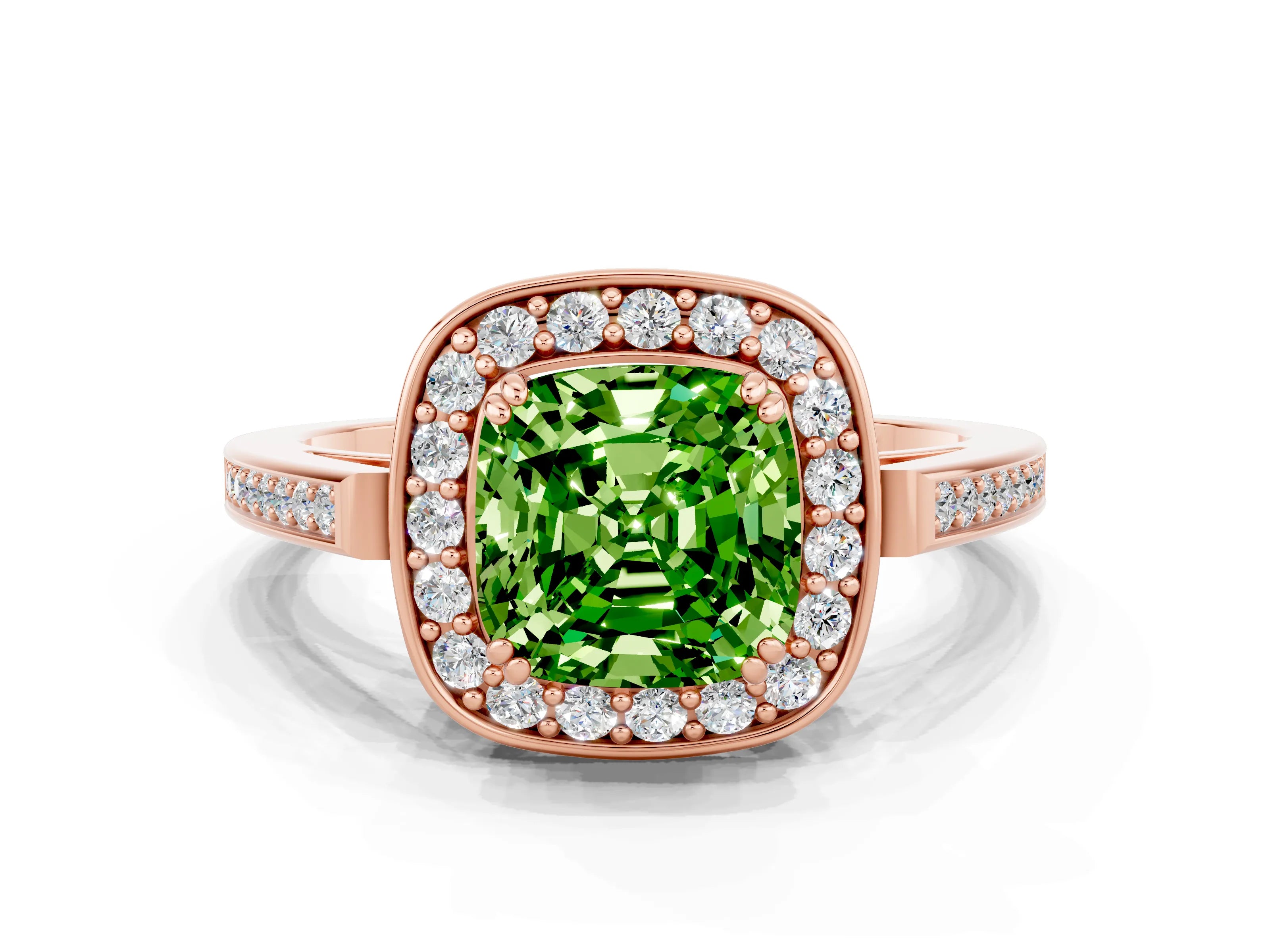 Rose gold Cushion Cut Peridot Halo Ring with Split Shank and Four-Prong Setting