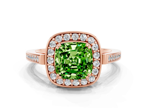 Rose gold Cushion Cut Peridot Halo Ring with Split Shank and Four-Prong Setting