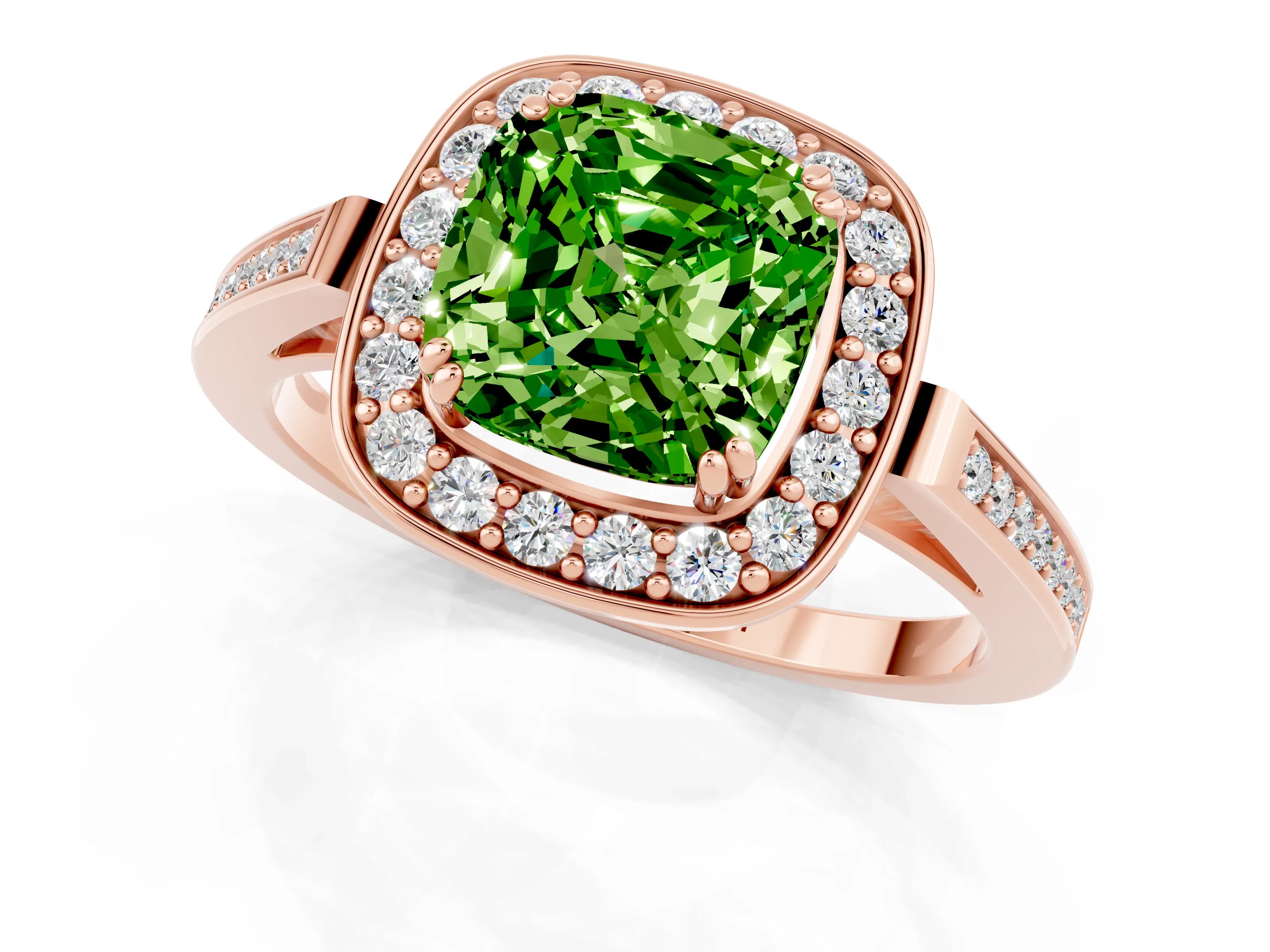 Rose gold Cushion Cut Peridot Halo Ring with Split Shank and Four-Prong Setting_1