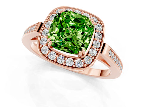 Rose gold Cushion Cut Peridot Halo Ring with Split Shank and Four-Prong Setting_1