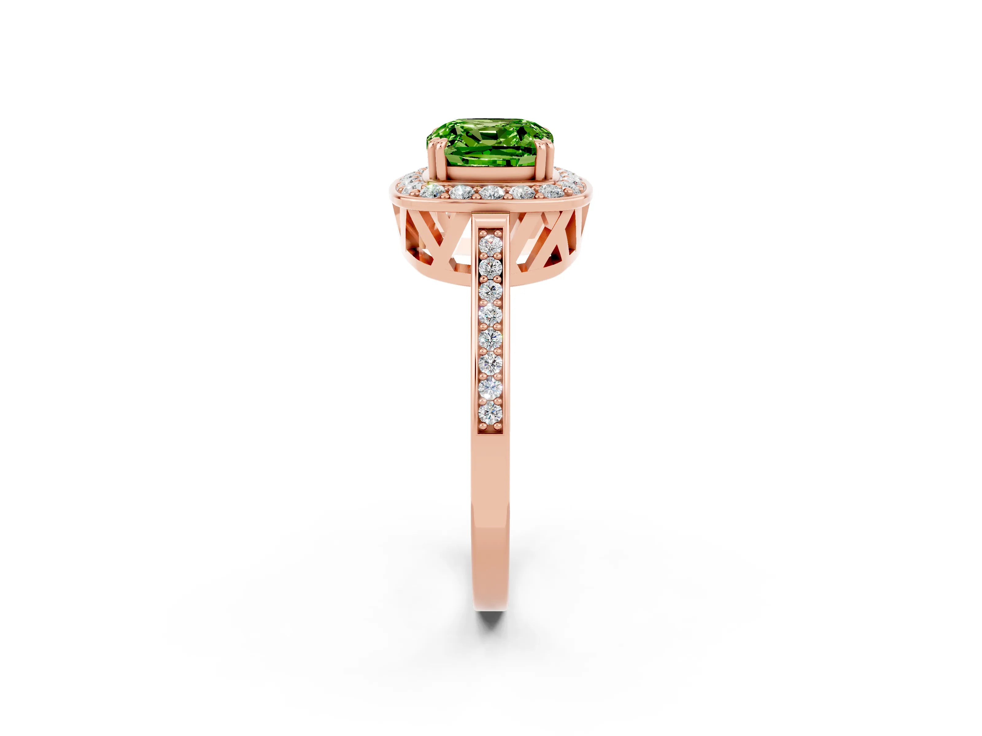Rose gold Cushion Cut Peridot Halo Ring with Split Shank and Four-Prong Setting_2