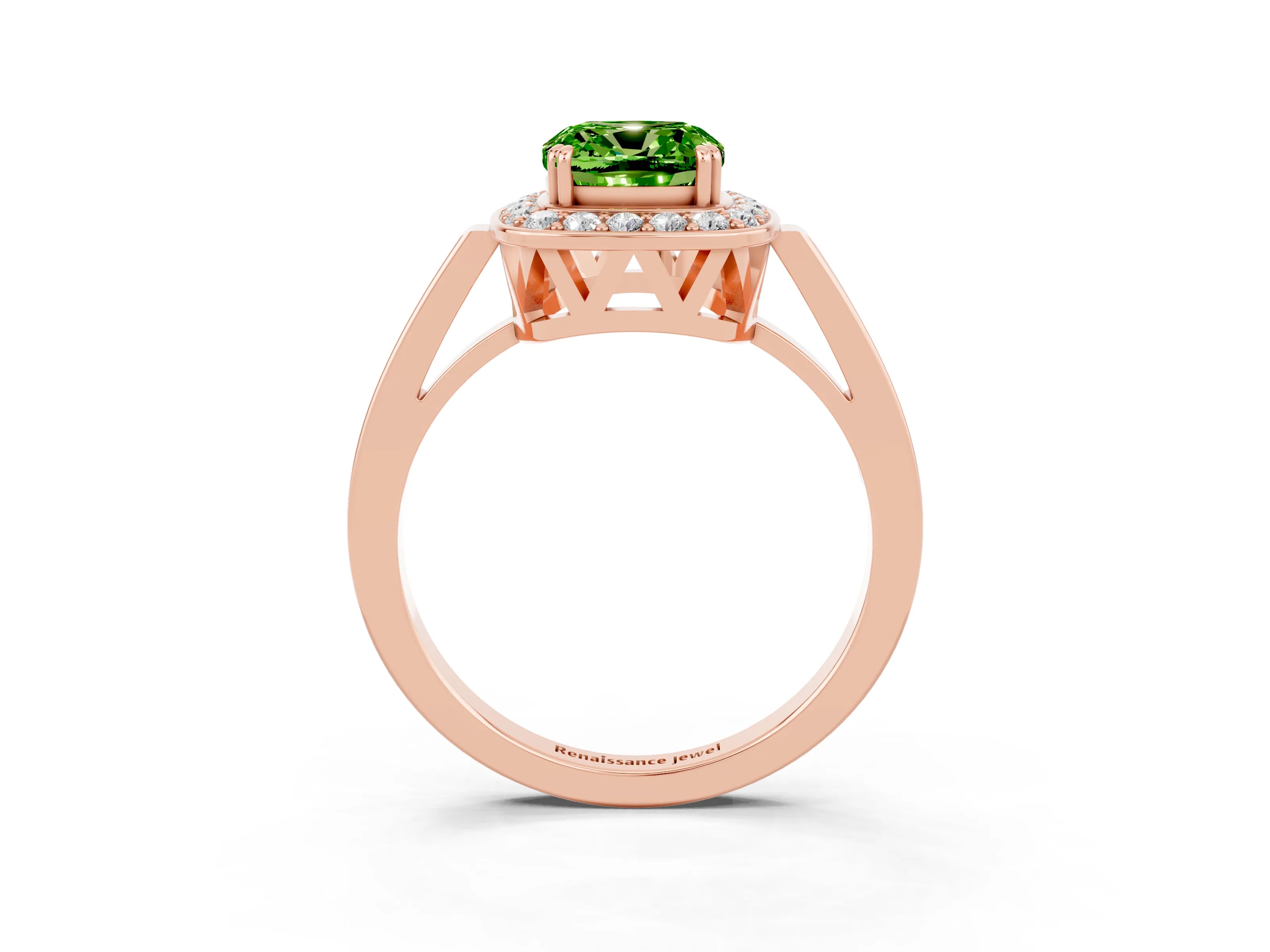 Rose gold Cushion Cut Peridot Halo Ring with Split Shank and Four-Prong Setting_3