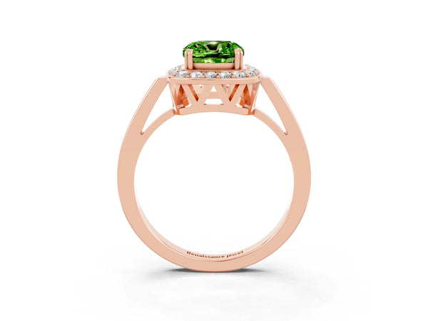 Rose gold Cushion Cut Peridot Halo Ring with Split Shank and Four-Prong Setting