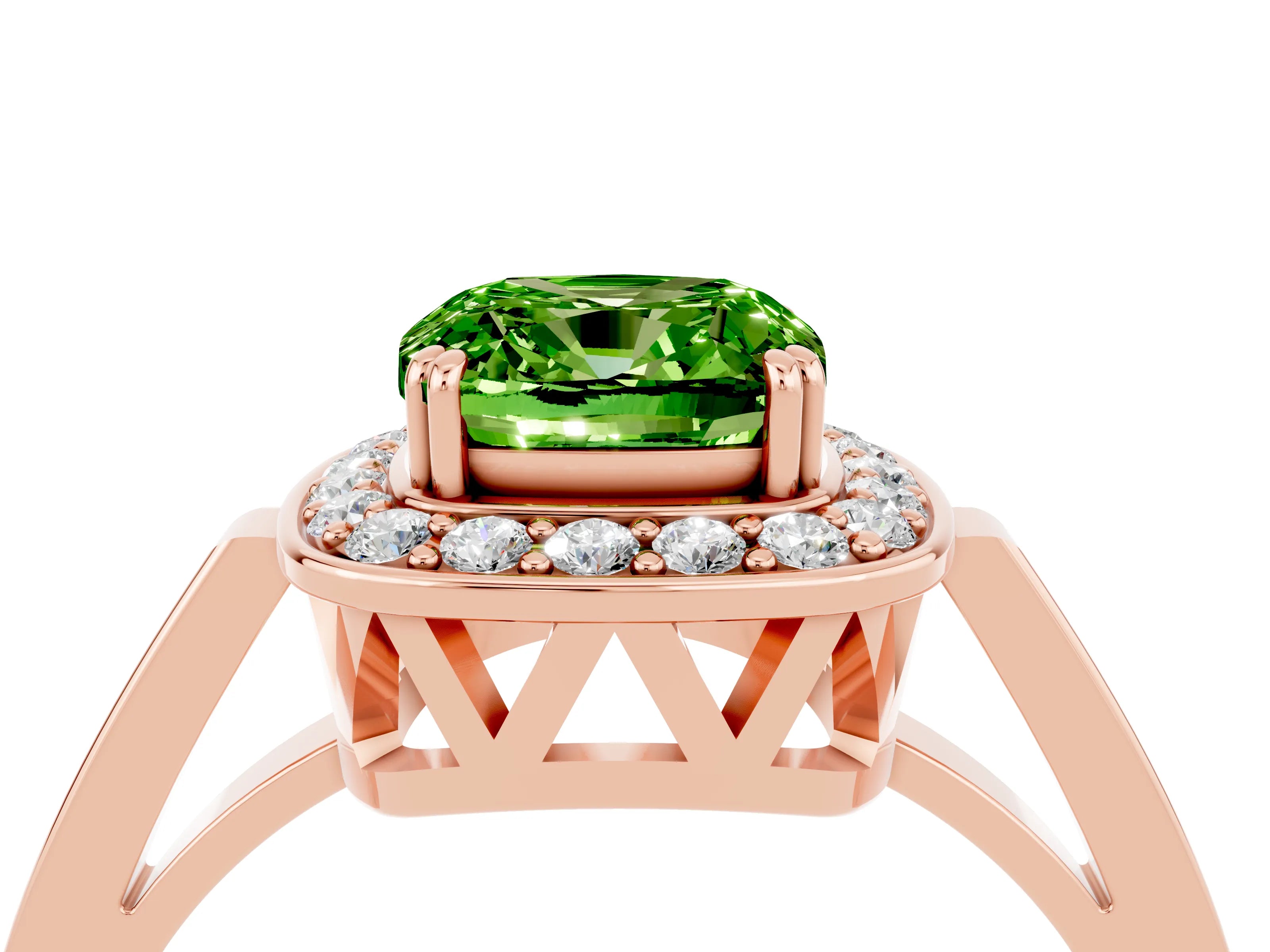 Rose gold Cushion Cut Peridot Halo Ring with Split Shank and Four-Prong Setting_4