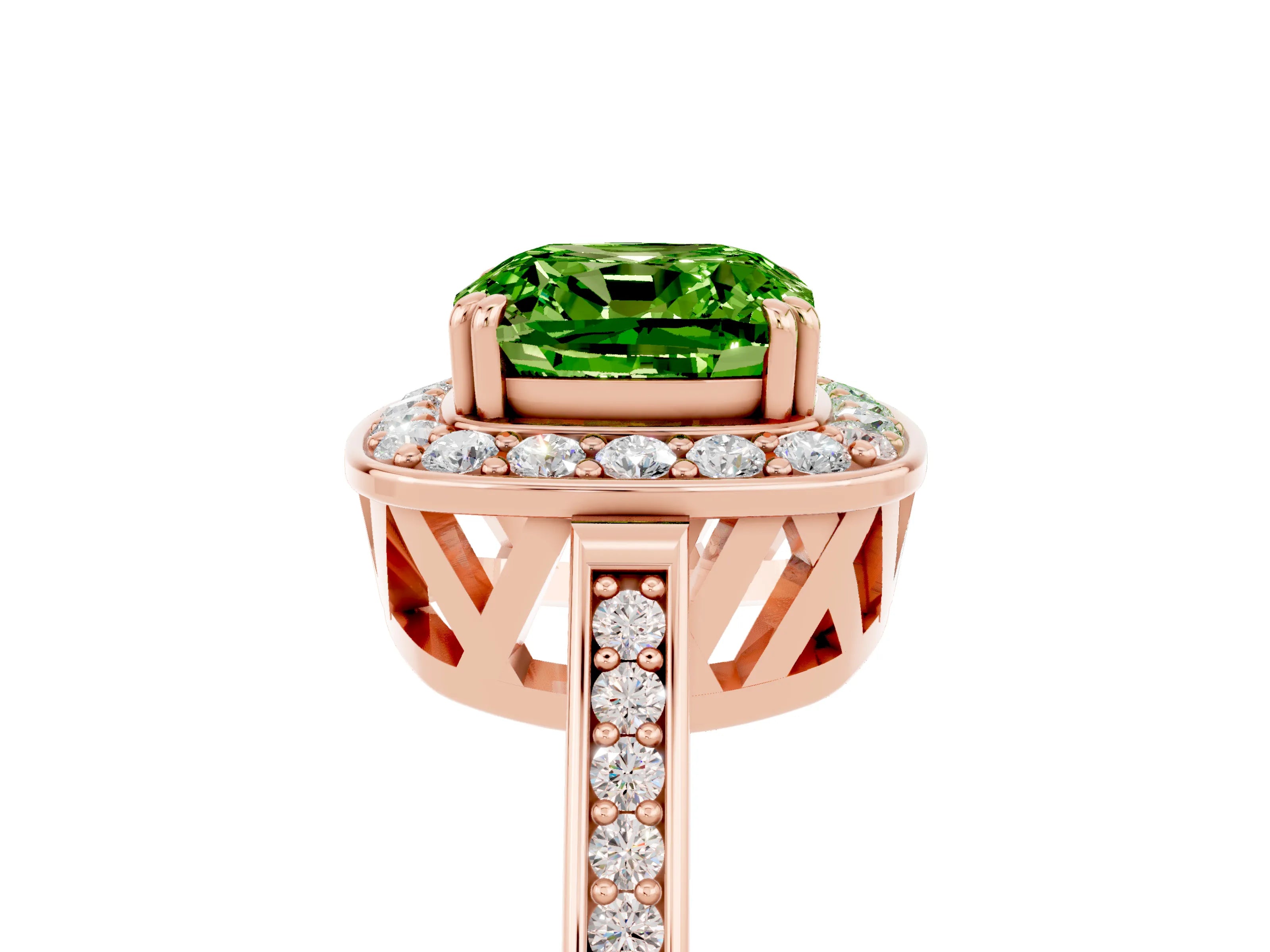 Rose gold Cushion Cut Peridot Halo Ring with Split Shank and Four-Prong Setting_5