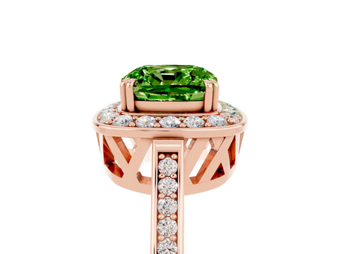 Rose gold Cushion Cut Peridot Halo Ring with Split Shank and Four-Prong Setting_5