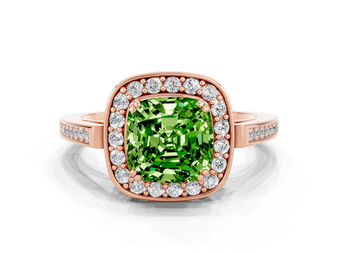 Rose gold Cushion Cut Peridot Halo Ring with Split Shank and Four-Prong Setting
