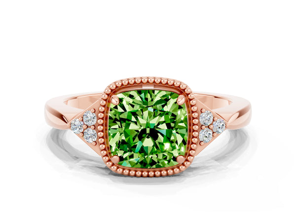 Rose gold Cushion Cut Peridot Halo Ring with Tapered Band and Four-Prong Setting