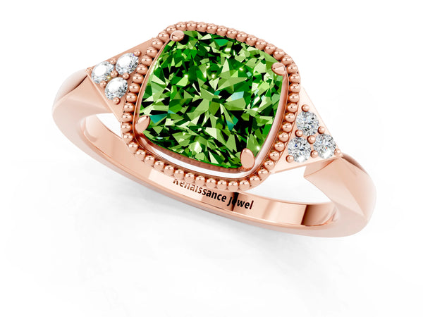 Rose gold Cushion Cut Peridot Halo Ring with Tapered Band and Four-Prong Setting