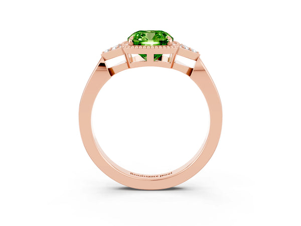 Rose gold Cushion Cut Peridot Halo Ring with Tapered Band and Four-Prong Setting
