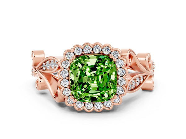 Rose gold Cushion Cut Peridot Halo Ring with Vintage Split Shank and Four-Prong Setting