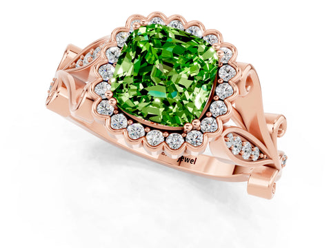Rose gold Cushion Cut Peridot Halo Ring with Vintage Split Shank and Four-Prong Setting_1