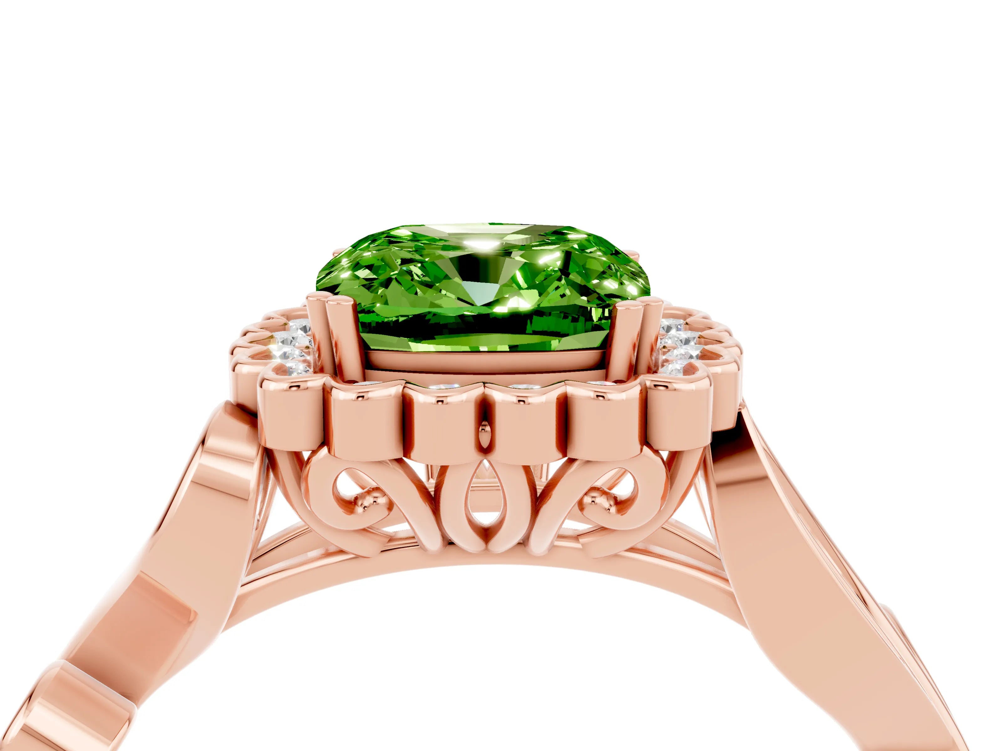 Rose gold Cushion Cut Peridot Halo Ring with Vintage Split Shank and Four-Prong Setting_4