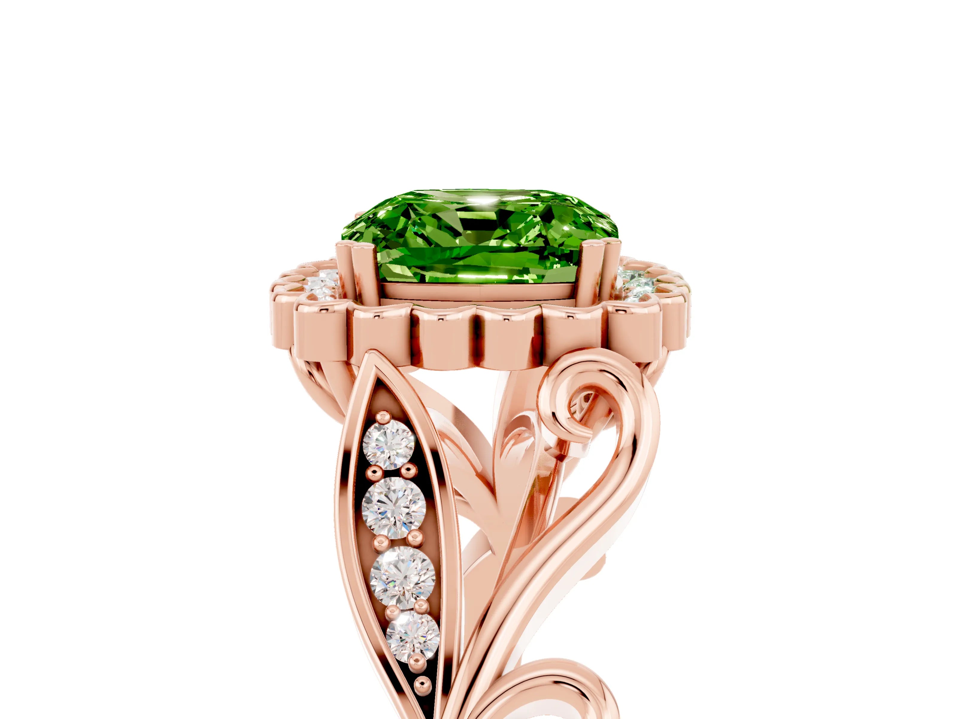 Rose gold Cushion Cut Peridot Halo Ring with Vintage Split Shank and Four-Prong Setting_5