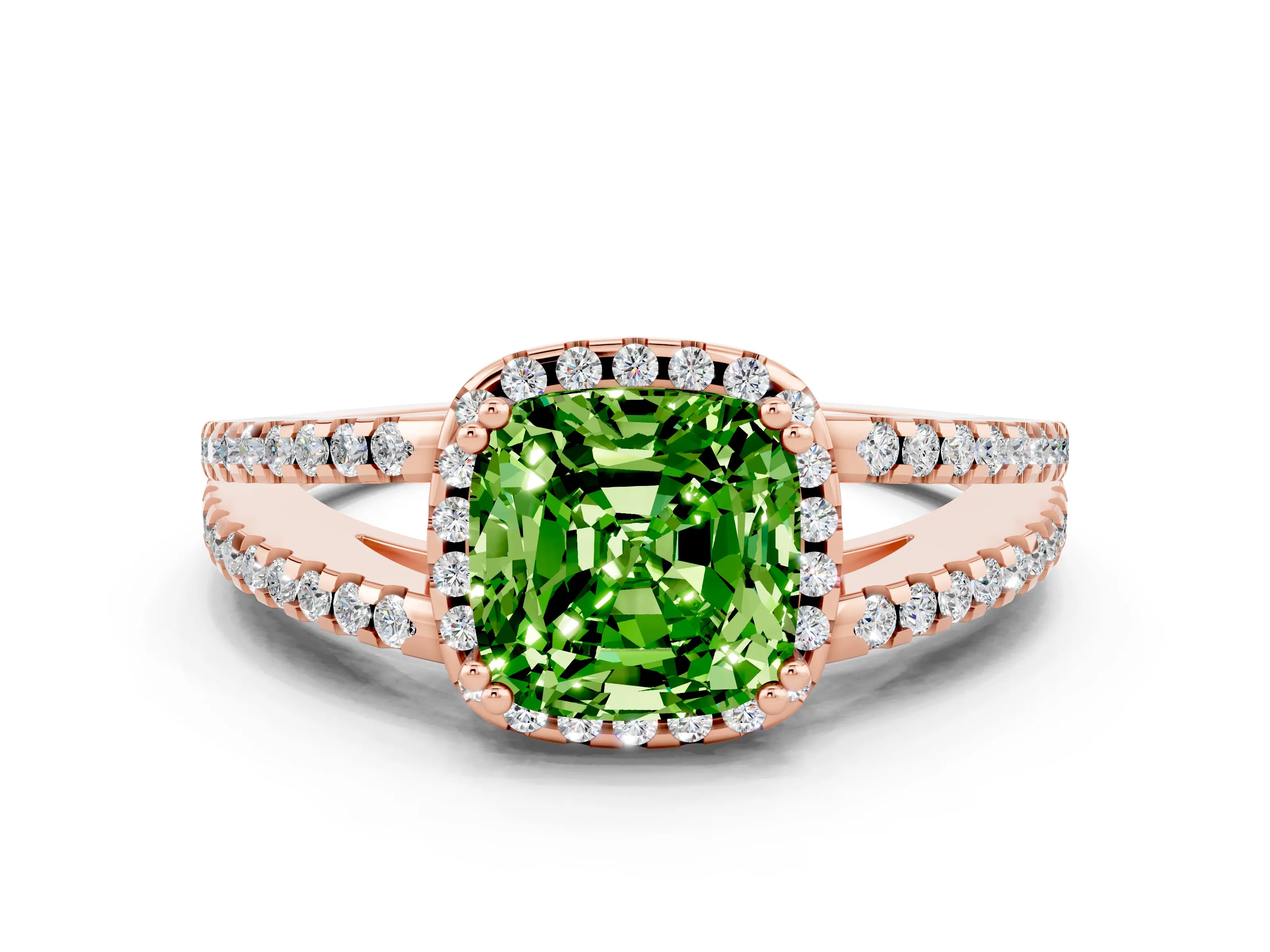 Rose gold Cushion Cut Peridot Halo Split Shank Engagement Ring_12