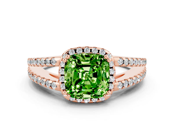 Rose gold Cushion Cut Peridot Halo Split Shank Engagement Ring