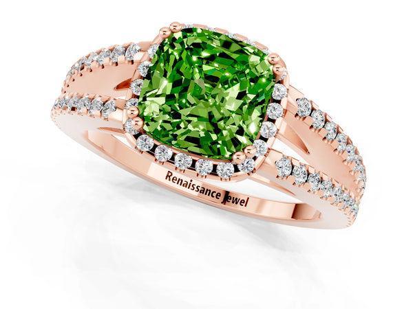 Rose gold Cushion Cut Peridot Halo Split Shank Engagement Ring