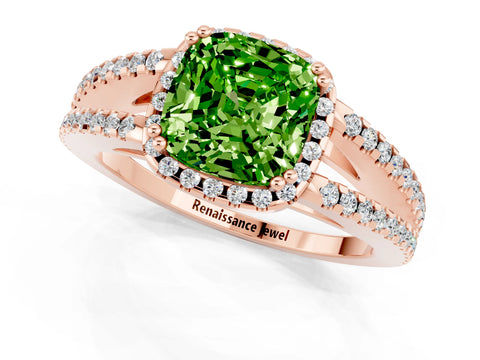 Rose gold Cushion Cut Peridot Halo Split Shank Engagement Ring_13