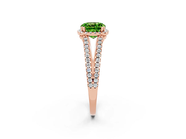 Rose gold Cushion Cut Peridot Halo Split Shank Engagement Ring