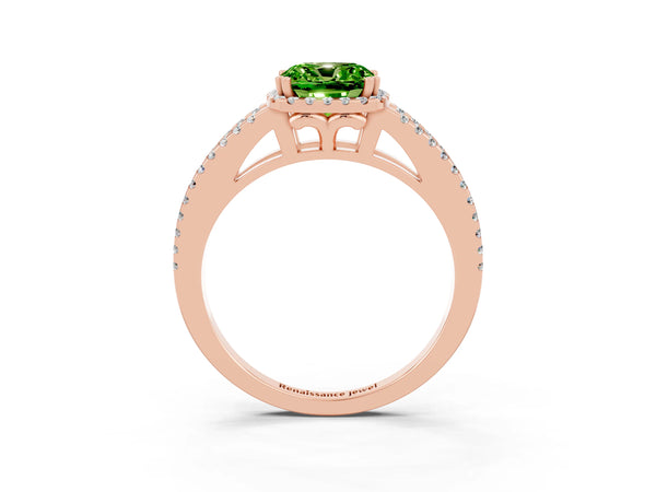 Rose gold Cushion Cut Peridot Halo Split Shank Engagement Ring