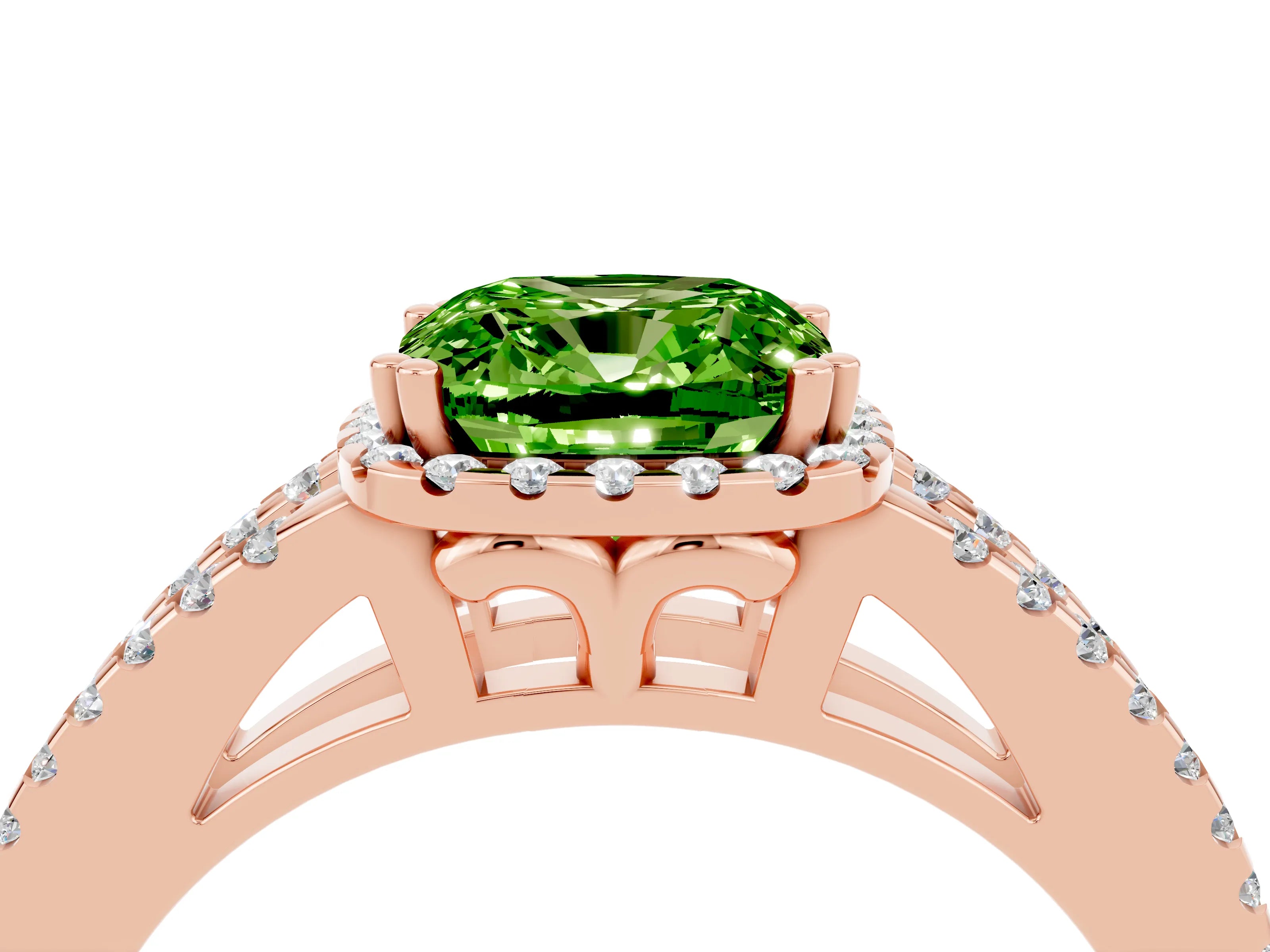 Rose gold Cushion Cut Peridot Halo Split Shank Engagement Ring_16