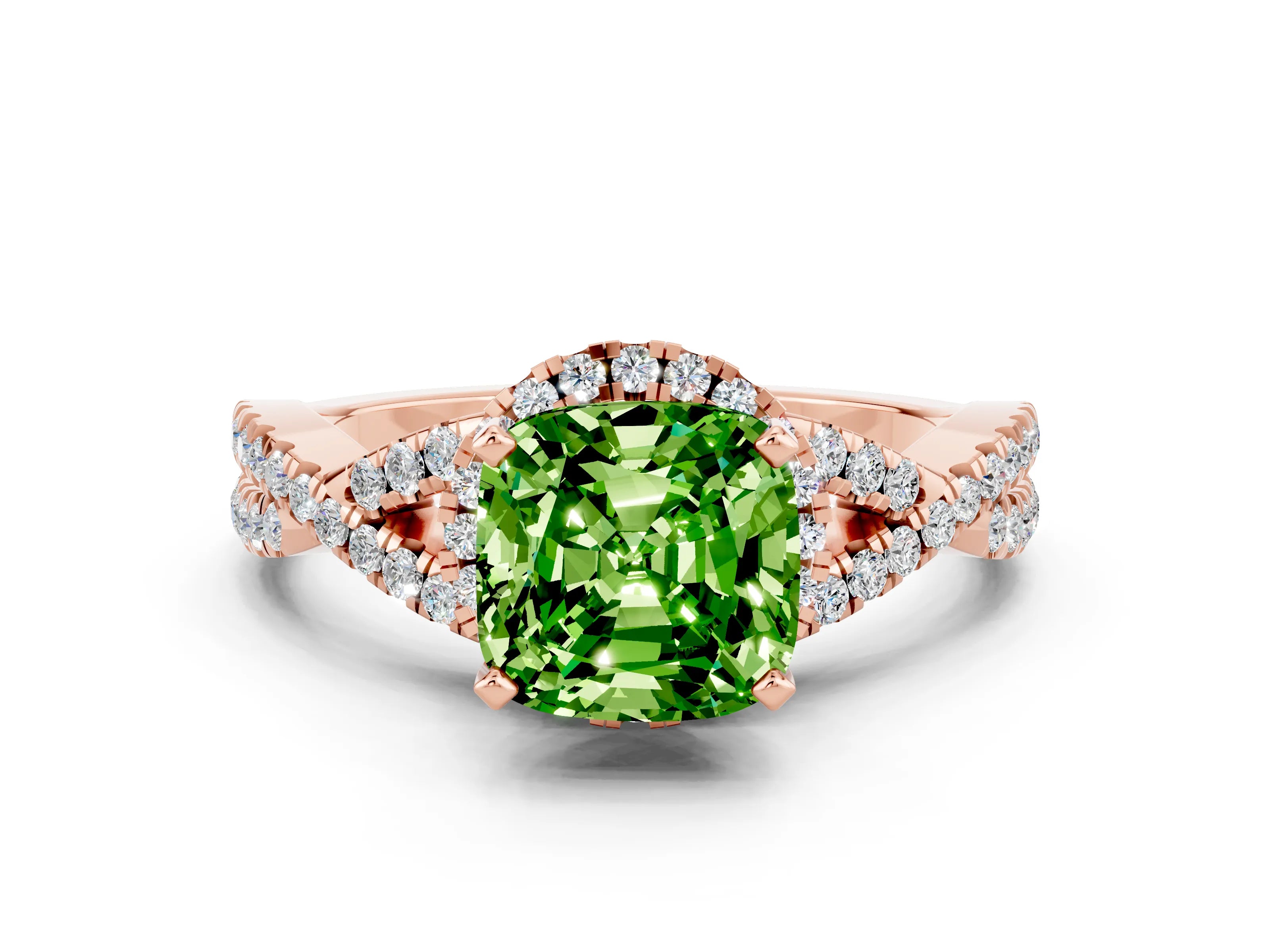 Rose gold Cushion Cut Peridot Halo Twist Band Solitaire Prong Setting Ring