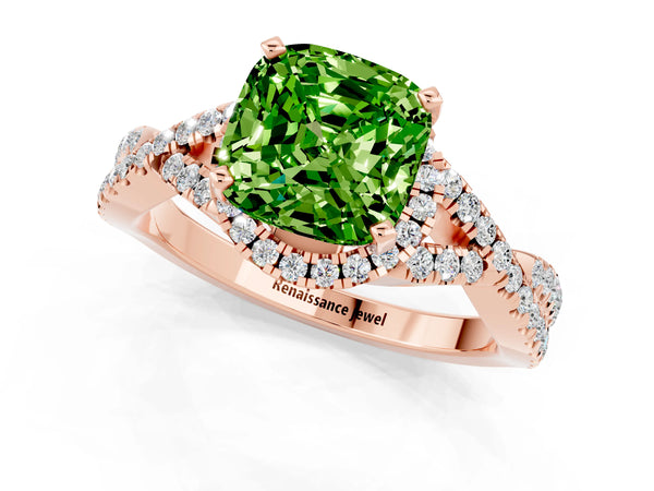 Rose gold Cushion Cut Peridot  Halo Twist Band Solitaire Prong Setting Ring