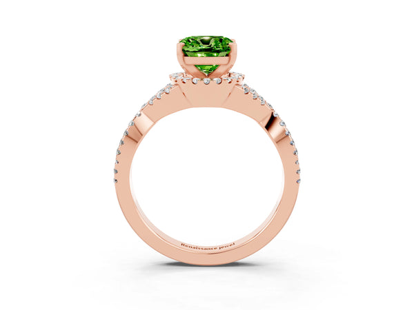 Rose gold Cushion Cut Peridot  Halo Twist Band Solitaire Prong Setting Ring