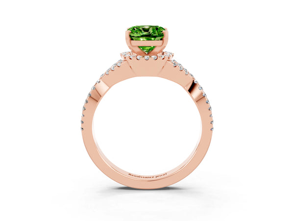 Rose gold Cushion Cut Peridot  Halo Twist Band Solitaire Prong Setting Ring