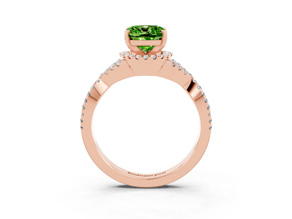 Rose gold Cushion Cut Peridot  Halo Twist Band Solitaire Prong Setting Ring