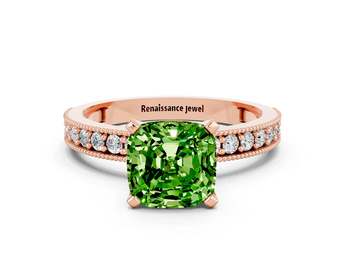 Rose gold Cushion Cut Peridot Milgrain Pavé Engagement Ring with Four-Prong Setting_12