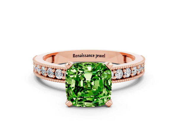 Rose gold Cushion Cut Peridot Milgrain Pavé Engagement Ring with Four-Prong Setting
