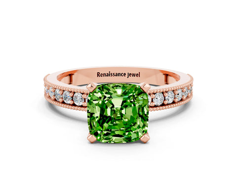 Rose gold Cushion Cut Peridot Milgrain Pavé Engagement Ring with Four-Prong Setting_12