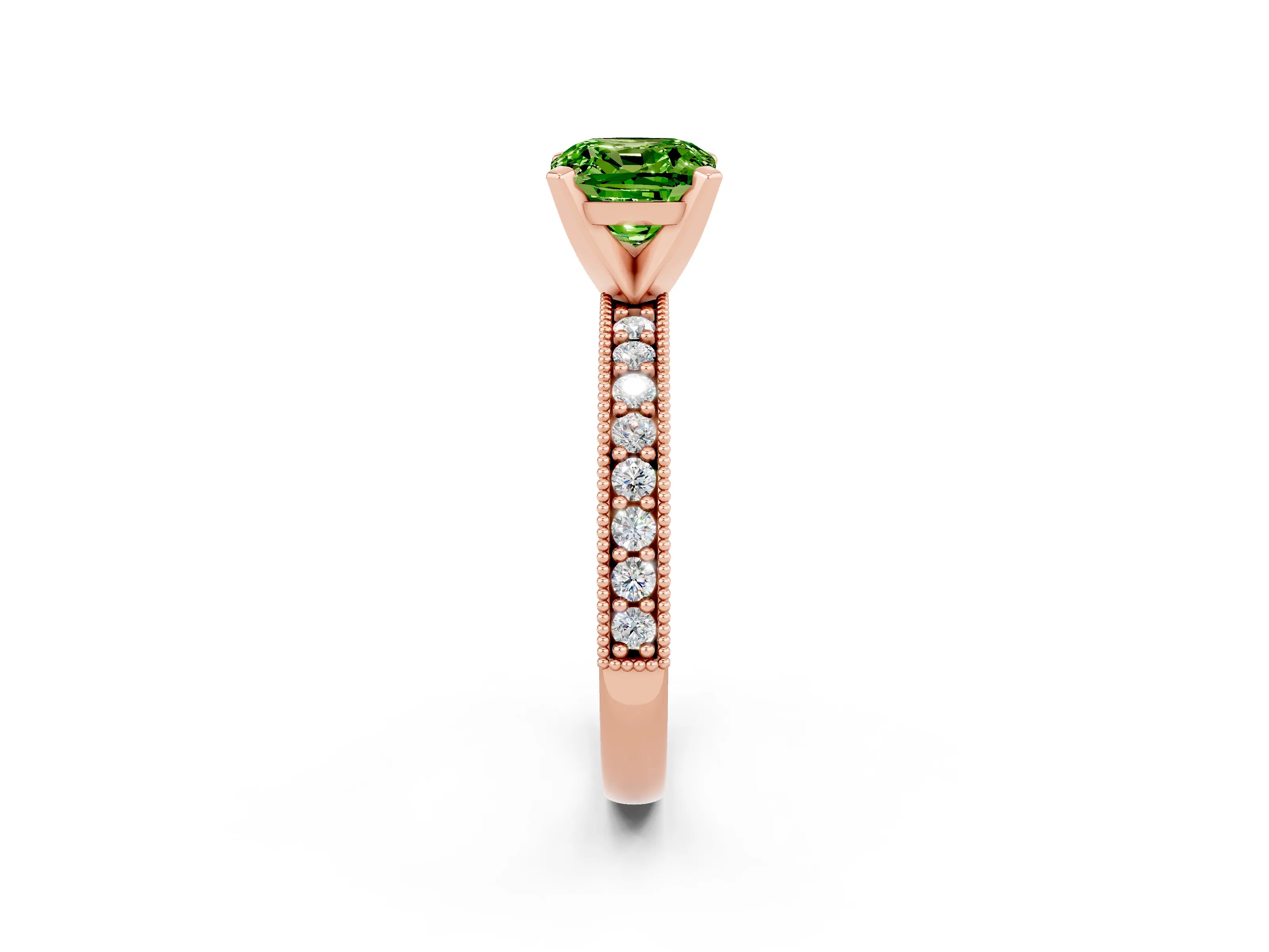 Rose gold Cushion Cut Peridot Milgrain Pavé Engagement Ring with Four-Prong Setting_14