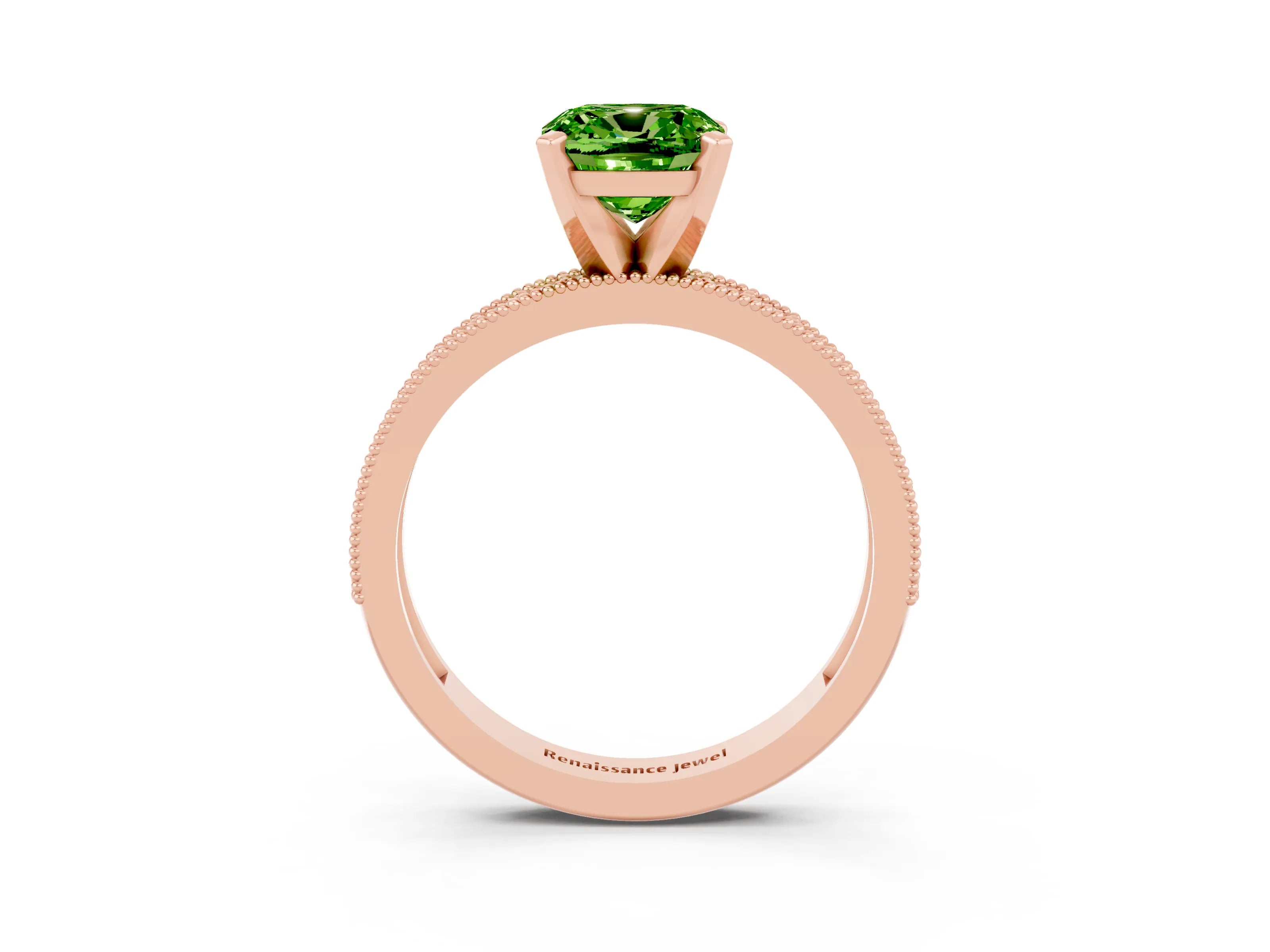 Rose gold Cushion Cut Peridot Milgrain Pavé Engagement Ring with Four-Prong Setting_15