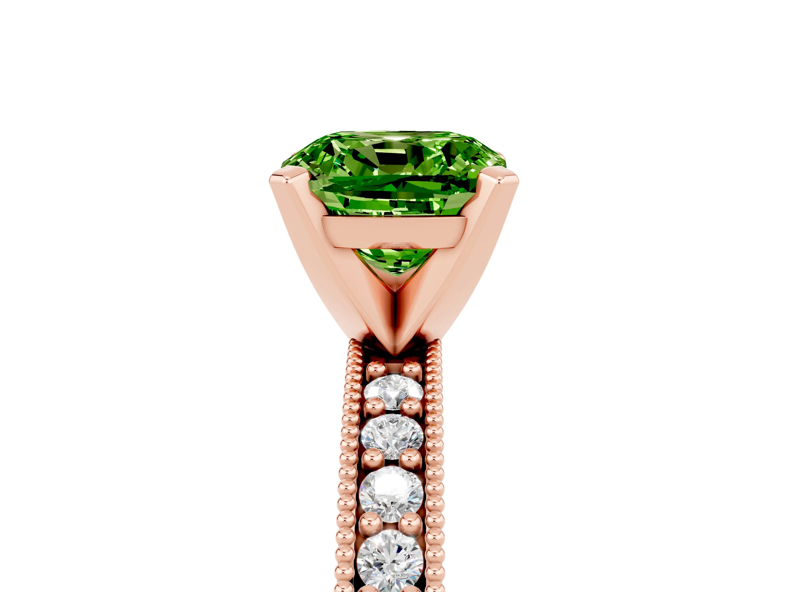 Rose gold Cushion Cut Peridot Milgrain Pavé Engagement Ring with Four-Prong Setting_17