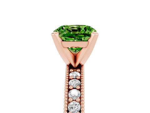 Rose gold Cushion Cut Peridot Milgrain Pavé Engagement Ring with Four-Prong Setting_17