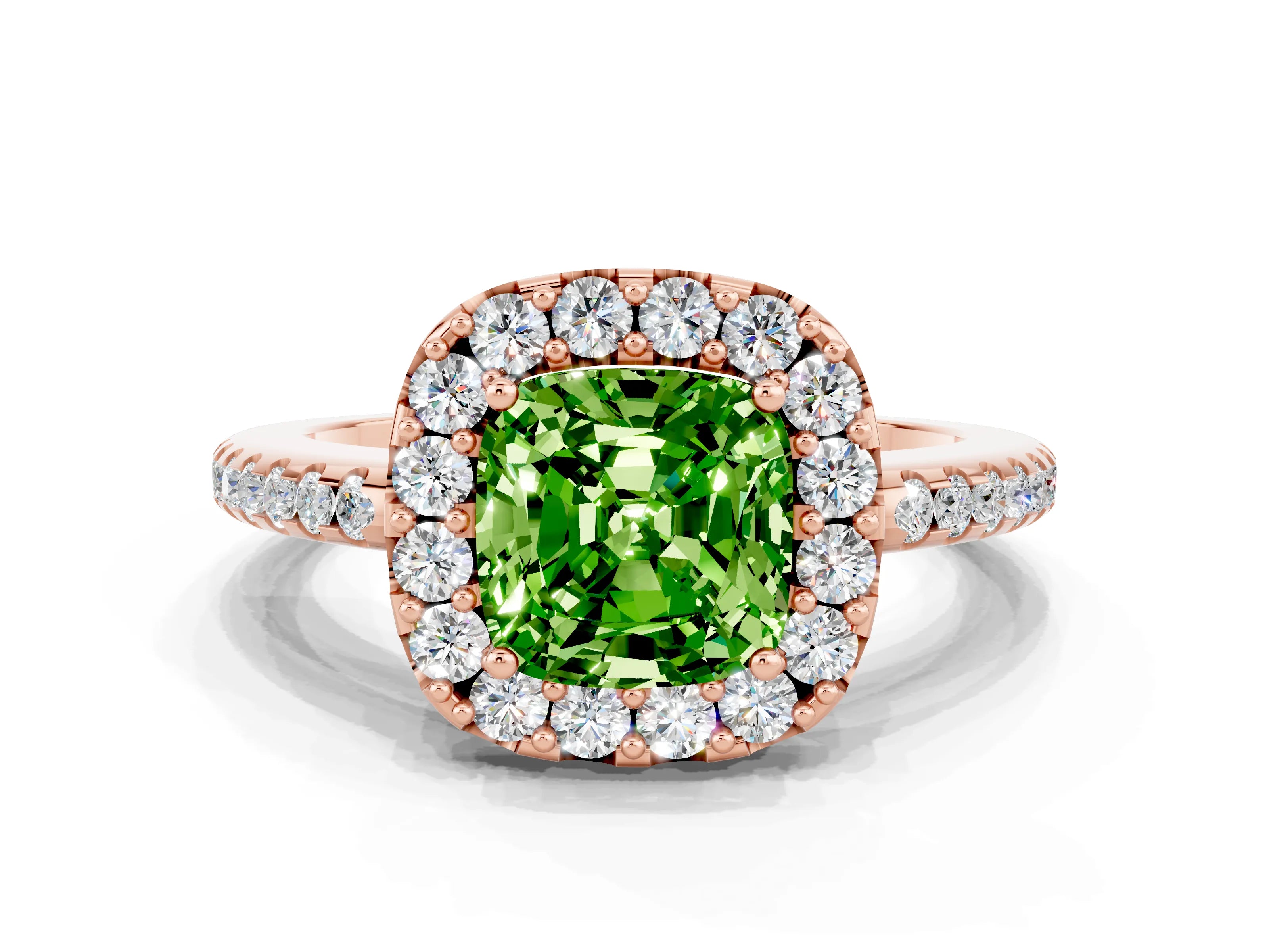 Rose gold Cushion Cut Peridot Pavé Halo Ring with Four-Prong Setting_12