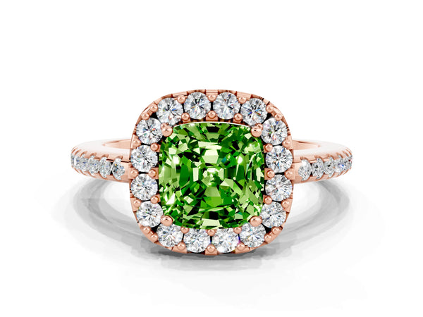 Rose gold Cushion Cut Peridot Pavé Halo Ring with Four-Prong Setting