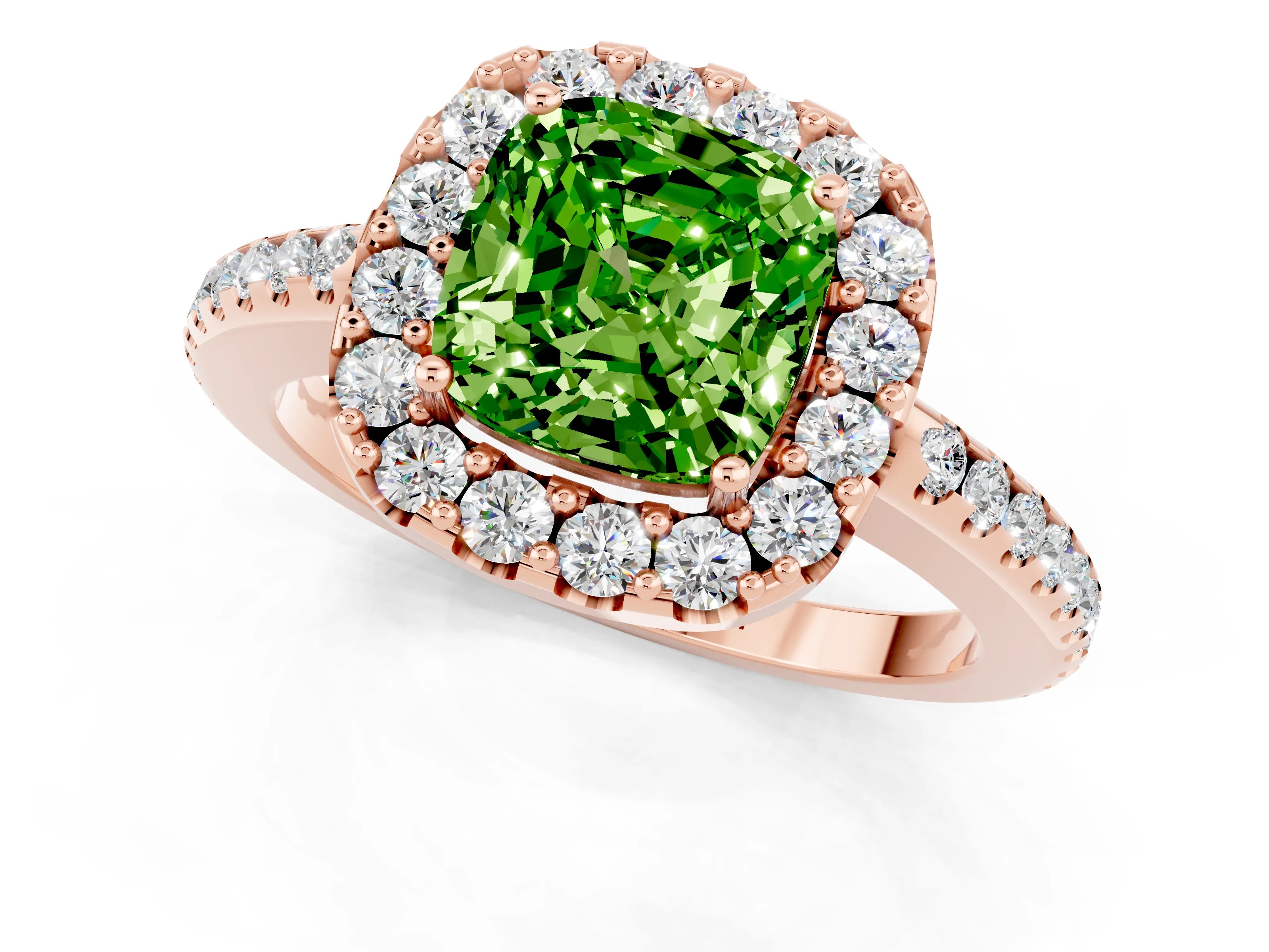 Rose gold Cushion Cut Peridot Pavé Halo Ring with Four-Prong Setting_13