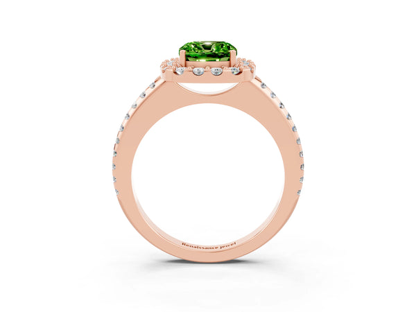 Rose gold Cushion Cut Peridot Pavé Halo Ring with Four-Prong Setting