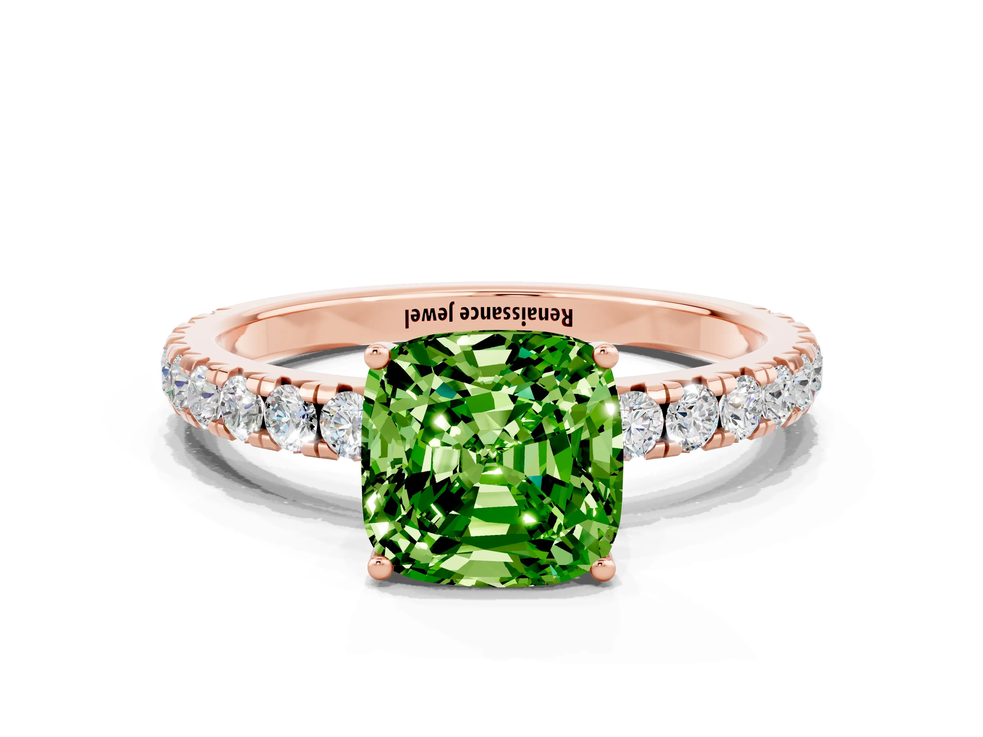 Rose gold Cushion Cut Peridot Pavé Solitaire Engagement Ring with Four-Prong Setting_12