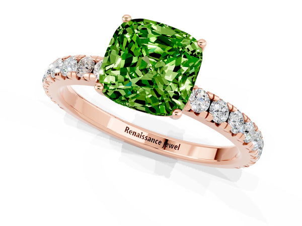 Rose gold Cushion Cut Peridot Pavé Solitaire Engagement Ring with Four-Prong Setting