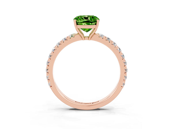 Rose gold Cushion Cut Peridot Pavé Solitaire Engagement Ring with Four-Prong Setting