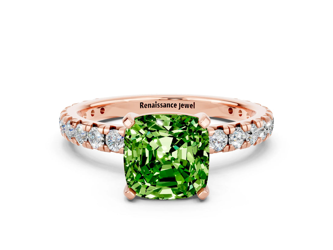 Rose gold Cushion Cut Peridot Pavé Solitaire Ring with Round Band and Prong Setting_24