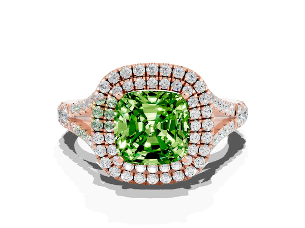 Rose gold Cushion Cut Peridot Pavé Split Shank Double Halo Engagement Ring