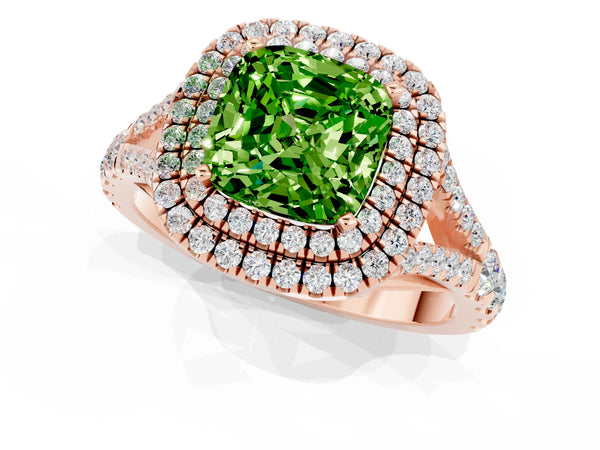 Rose gold Cushion Cut Peridot Pavé Split Shank Double Halo Engagement Ring
