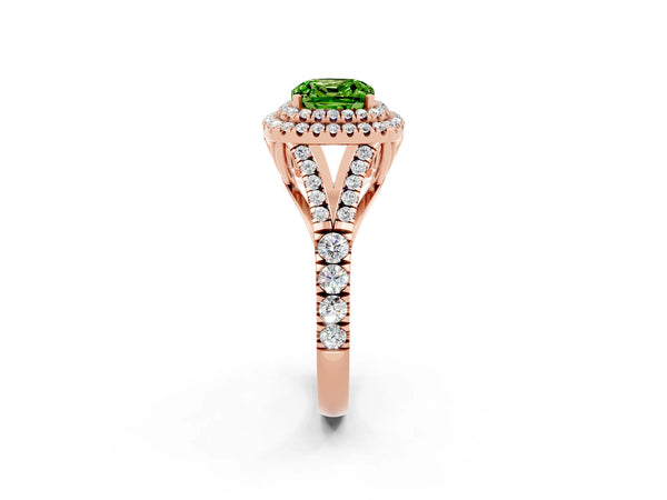 Rose gold Cushion Cut Peridot Pavé Split Shank Double Halo Engagement Ring