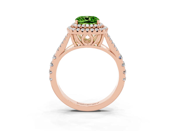 Rose gold Cushion Cut Peridot Pavé Split Shank Double Halo Engagement Ring